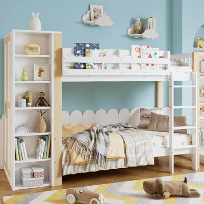 Produktbild von Etagenbett 90x200 cm Weiß Natur aus Kiefer, MDF, Sperrholz mit seitlichem Kleiderschrank und 6 offenen Regalen