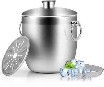 Zdjęcie produktu dla Wiader na lód Ibenzoa® ze stali nierdzewnej, 3 litry – podwójne ścianki, szczelna pokrywa, szczypce do lodu i sitko, srebrny, 18×18 cm, stal nierdzewna 304 (bezpieczna dla kontaktu z żywnością), do piwa i szampana