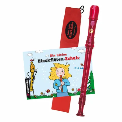 A red recorder, a red carrying bag, and a children's book about playing the recorder are arranged on a white background.