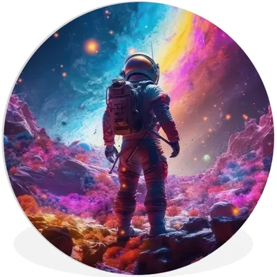 Produktbild von MuchoWow® Rundes Wandbild - Runde Bilder Weltraum - Astronaut - Neon - Sterne Ø 90 cm Kreis Wanddekoration Kunststoff - Wandkreis - Wandschmuck - Wand-Kreis - Wohnzimmer - Bild - Runde - Wanddeko - Dibond - Kunstdrucke