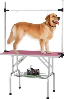 Image de Table de toilettage pour chiens et chats - Pliable - Panier en métal - Plateau antidérapant - Potence réglable en acier inoxydable - 107 x 60 x 164 cm - Rose