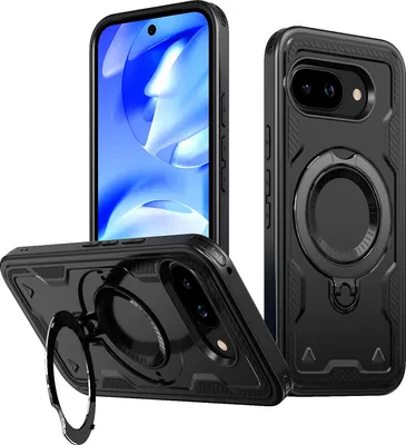 Immagine prodotto di Custodia a doppio strato per Google Pixel 9A, custodia protettiva magnetica con anello e supporto Nero