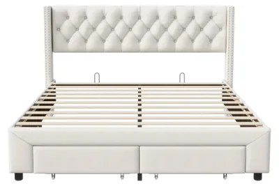 Immagine prodotto di Letto imbottito 160x200 cm - Letto matrimoniale con contenitore - Testiera con schienale - Porta USB e luci LED - Tessuto velluto - Beige