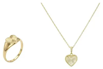 Produktbild von Suzan Gold® 375 Echtgold Schmuckset Damen Ring Halskette Herz elegant wasserfest Geschenk Set Crucelle Heart Signet hochwertig
