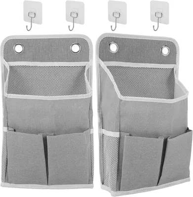 Produktbild von Hängende Aufbewahrungstaschen – Set aus 2 – Tür-Organizer mit 3 Fächern – Inklusive 4 Haken – Faltbare Wandtasche für das Badezimmer