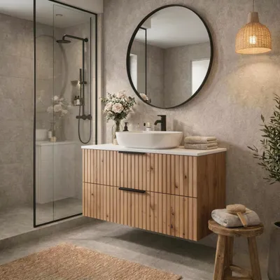 Produktbild von Waschbeckenunterschrank TIBU 80x50x46 Eiche Evoke geriffelter Front mit 2 Schubladen geriffelter Front Badmöbel