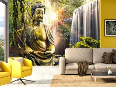 Produktbild von Vlies Fototapete 400x280 cm Tapeten Wandtapete XXL Natur Buddha Wald Wasserfall Asia h-C-0032-a-b