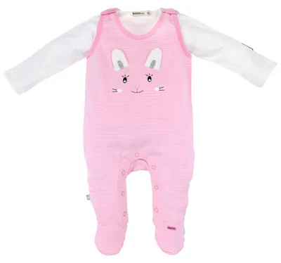Produktbild von BONDI Baby Strampler "Häschen" geringelt 2-tlg. 93636 | Rosa / Weiß Größe: 56