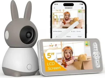 Image de Babyphone 2K avec caméra PTZ 355°, moniteur bébé 5 pouces, suivi automatique, mesure de la température et de l'humidité, carte SD incluse, support