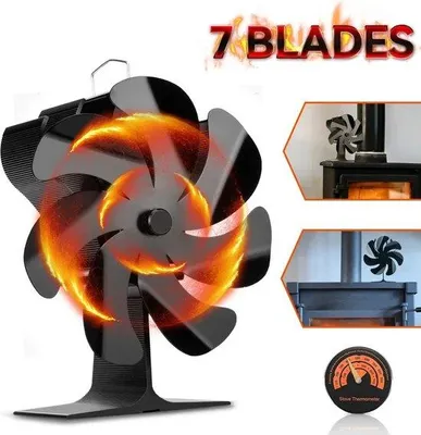 Image de Ventilateur pour poêle à bois, 7 pales, noir, àthermique, éco, silencieux
