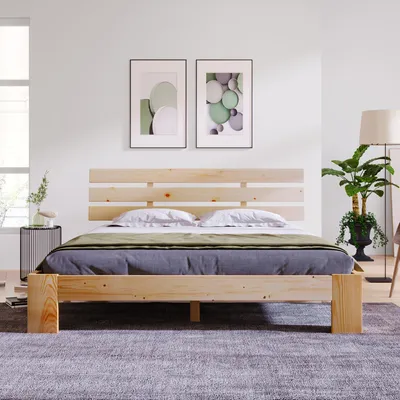 Image de Lit double 140 x 200 cm en bois de pin avec tête de lit et sommier à lattes, 18 cm de rangement, naturel