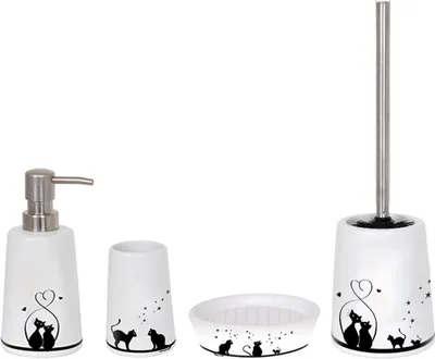 Produktbild von MSV Badezimmer Set, 4-teiliges Badzubehör aus Keramik Katze, Seifenspender, WC Bürste, Seifenschale und Zahnputzbecher Weiß