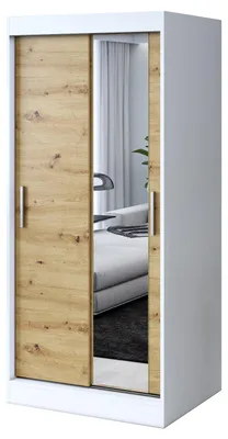 Produktbild von Kleiderschrank mit Spiegel - 90x200cm - Weiß Matt & Artisan Eiche - Schiebetürenschrank HUGO - 2-türig - mit 2 Kleiderstangen
