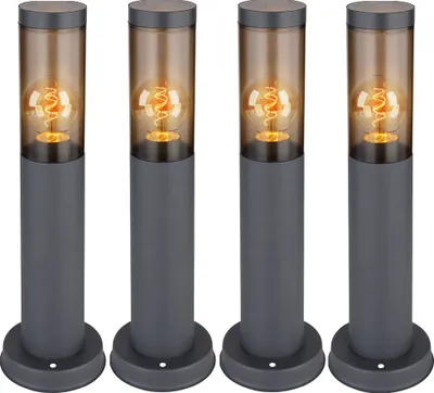 Four identical outdoor lamps are arranged in a row against a white background.