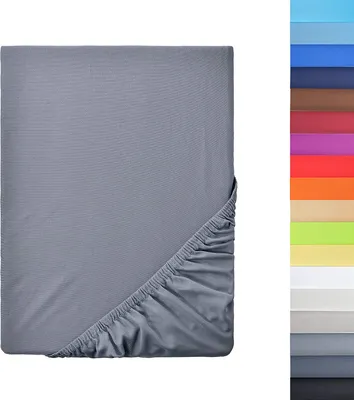 A grey fitted sheet is shown flat on a white background, with a swatch of many different colored sheets to the right.