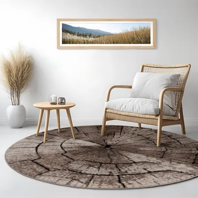 Image de Tapis design noble Salon Arbre en bois Aspect naturel Gris Marron Beige Taille Ø 120 cm Rond