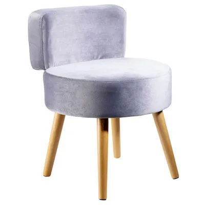 A single gray velvet chair with wooden legs on a white background.