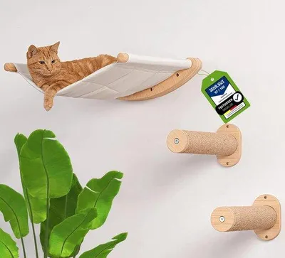 Produktbild von Kletterwand für Katzen - XL Katzenhängematte - natürlicher Holz - 3-teilig