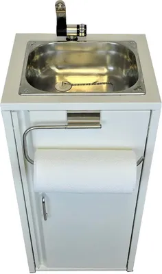 A white mobile sink unit with a stainless steel basin and faucet, and a paper towel dispenser mounted on the cabinet door.