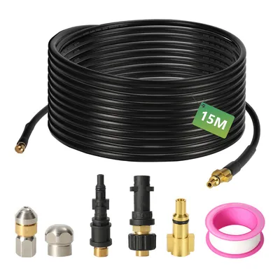 Produktbild von Hengda Hochdruckschlauch Rohrreinigungsschlauch, 15m, 160 bar, kompatibel mit Kärcher, K2, K3, K4, K5, K6, inkl. Adapter, Düsen starr + rotierend