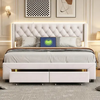 Produktbild von INONEFT Polsterbett 160x200 mit Stauraum und Lattenrost, Doppelbett mit LED und USB, mit 2 Schubladen, Kopfteil mit Nietenverzierung, Samt, Beige
