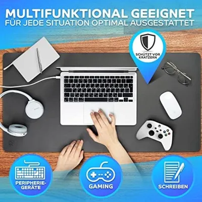 Produktbild von PolkaHome® Schreibtischunterlage, Kunstleder, 80 x 40 cm, Grau, XXL Mauspad mit genähten Kanten