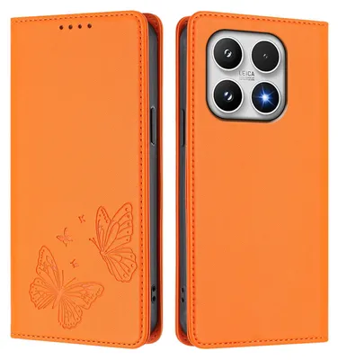 Produktbild von Lederhülle für Xiaomi 17, Schmetterling Prägung Leder Brieftasche Schutzhülle mit Ständer Orange