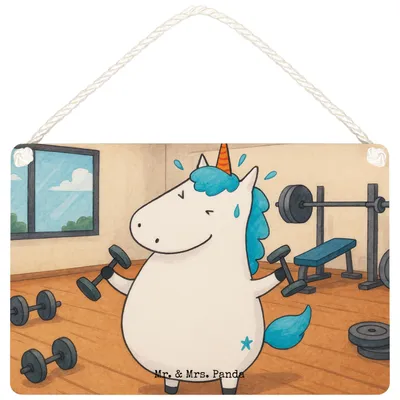 Produktbild von Mr. & Mrs. Panda Schild Einhorn Fitness Design DIN A6 - Weiß - Geschenk, Dekobrett, Gym, Unicorn, Abnehmen, holzbild, Fitnessstudio, Türschild, kleine aufmerksamkeit