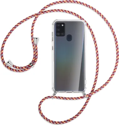 Produktbild von Handykette Backcover-Schutzhülle mit Band (Metall silberfarben) für Samsung Galaxy A21s - weinrot/gelb/grau