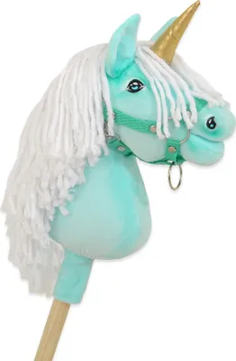 Produktbild von Hobby Horse Einhorn auf Stab mintgrün mit handgenähtem Mähne und goldenem Horn