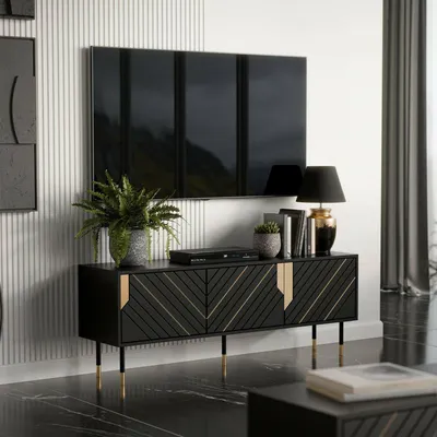 Image de Perito - Meuble TV, 154x40x55h cm Noir, 2 Étagères
