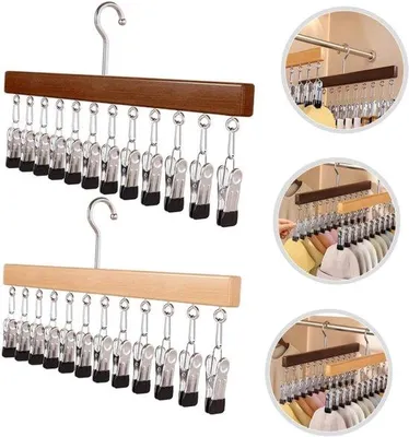 Image de Porte-vêtements en bois à 2 branches avec 12 crochets - Porte-vêtements peu encombrant - Pour écharpes, chaussettes et casquettes de baseball - Bois naturel, marron - 38 x 1,5 x 21 cm