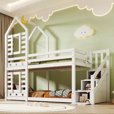 Zdjęcie produktu dla Łóżeczko dziecięce typu "domek" o wymiarach 90x200 cm, białe, z schodami i szufladami. Łóżko piętrowe dla 2 dzieci, z barierkami ochronnymi