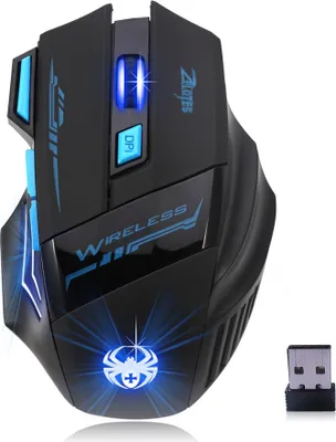 A black wireless gaming mouse with blue LED accents and a USB receiver.