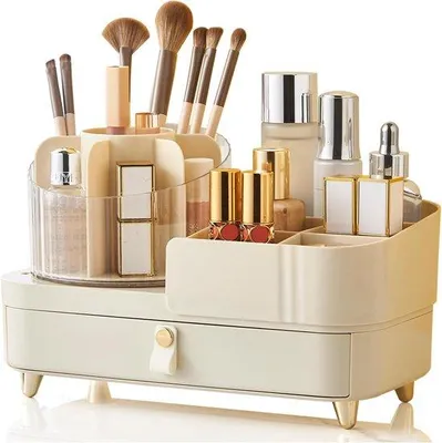 Produktbild von 360-Grad-Behälter für Kosmetik mit Ladung, große Kosmetik-Display-Box, Kosmetik-Box für Hautpflege mit Halter für Makeup-Pins, Kosmetik-Box für Schminktisch, Schreibtisch, Badezimmer (Cremefarbe)