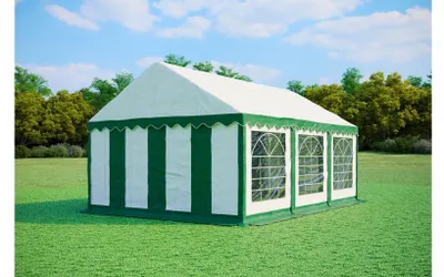 Produktbild von Partyzelt 4x6 m PREMIUM – PVC-Plane 500 g/m², flammhemmend, Bodenrahmen + Dachverstrebungen, bis 48 Personen - Grün-Weiß