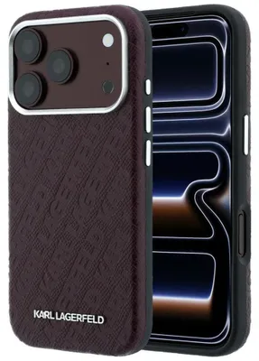 Produktbild von Handyhülle Karl Lagerfeld Grained Allover Logo Metal Elongated für iPhone 18 Pro Max / 17 Pro Max mit MagSafe, Burgunderrot
