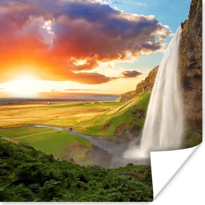 Produktbild von MuchoWow® Poster Wasserfall - Felsen - Sonnenuntergang - Berge - Orange 75x75 cm - Wand Dekoration