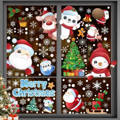 Produktbild von Set Weihnachtsfensterstickers Selbstklebend - 228 Teile mit Weihnachtsmann, Elchen & Schneeflocken