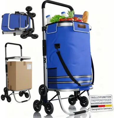 A collage of images showing a blue shopping trolley in different configurations and with different items.