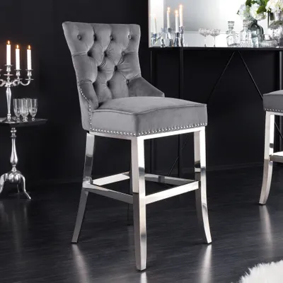 Produktbild von Design Barhocker CASTLE DELUXE grau Samt silber Edelstahl Chesterfield