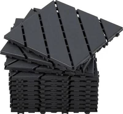 Produktbild von Faziango 44 Stück Terrassenfliesen 4 qm, 30x30cm Kunststoff Fliesen Klickfliesen Balkonfliesen Holzoptik, Wetterfest, Anti-Rutsch, Anthrazit 6-Streifen