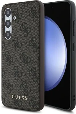 A close-up view of a smartphone case with a repeating Guess logo pattern, placed next to a smartphone.