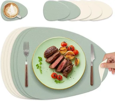 Produktbild von PolkaHome® Platzsets aus Lederoptik, abwaschbar, 6er Set, doppelseitig, rutschfest, wasserdicht, oval, Salbeigrün & Creme