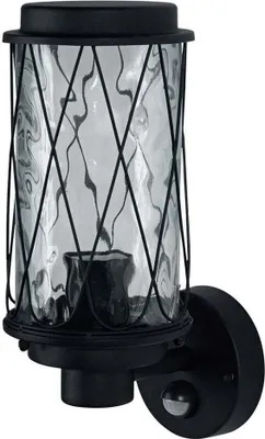 A black outdoor wall light with a textured glass cylinder and a metal cage.