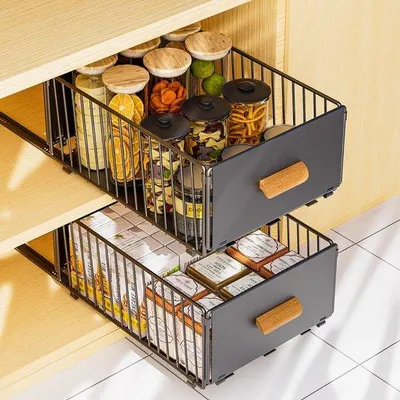 Zdjęcie produktu dla Organizer do szuflad teleskopowych Ibenzoa® do szafki kuchennej – wysuwany, montaż bez wiercenia, stal węglowa, 30 cm, czarny, obramowanie 17 cm