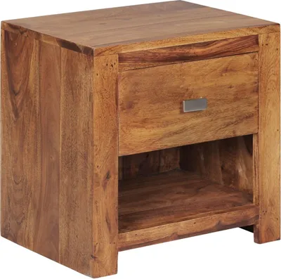Produktbild von Nachttisch MUMBAI aus Sheesham Massiv-Holz 40 x 40 x 30 cm, Nacht-Kommode braun mit 1 Schublade und 1 Ablagefach, Nachtschrank Landhaus-Stil Echt-Holz