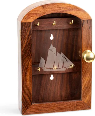Produktbild von Maritim Schlüsselkasten Schiffsmotiv aus Holz 5x16x6cm mit 6 Haken und Glasfront