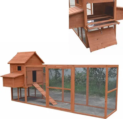 A wooden chicken coop with an attached run, shown against a white background.