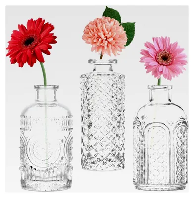 Produktbild von Set von 3 Mini-Vasen, kleine Glasvasen im Vintage-Stil für Tischdekoration und Hochzeitsarrangements